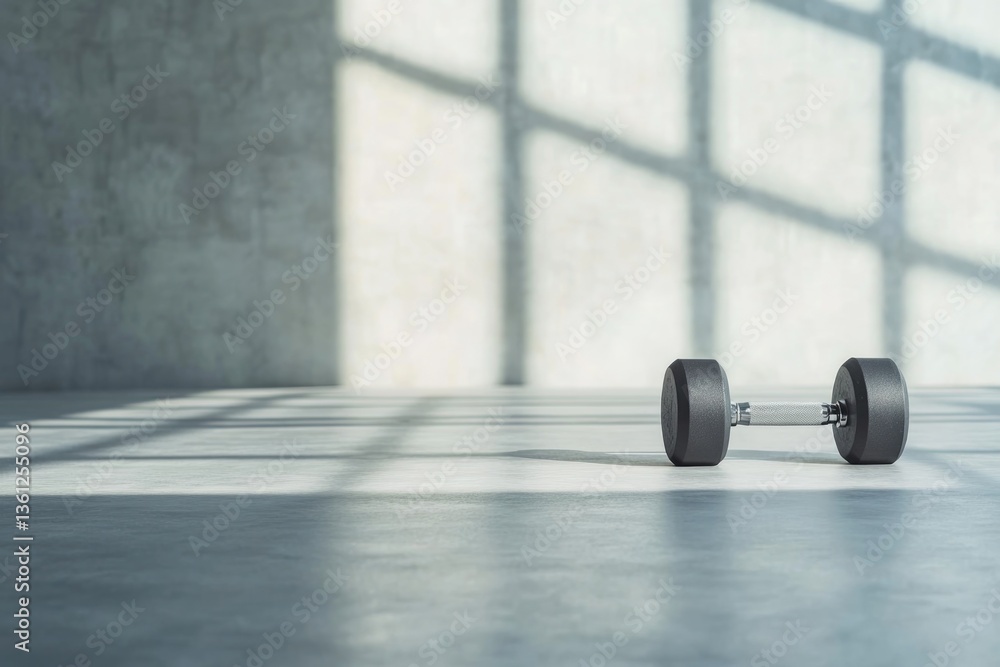 Aufkleber single gym weight rests on clean floor with sunlight streaming through window casting distinct shado
