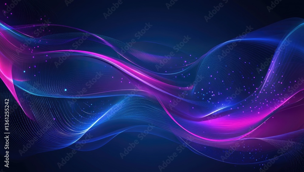 Poster Abstract flowing lines with vibrant colors and particles.  Dynamic digital design with a futuristic aesthetic