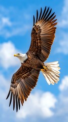 Obraz premium Milestone Courage Dream Big. an eagle soaring high above the clouds, wings outstretched against a deep blue sky, embodying freedom and limitless ambition.