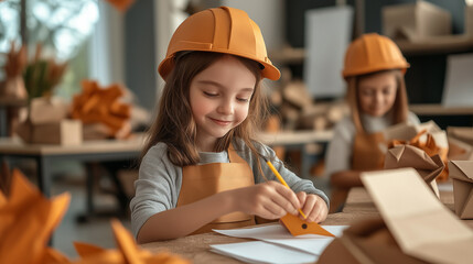Smiling girl in helmet crafting paper models in classroom