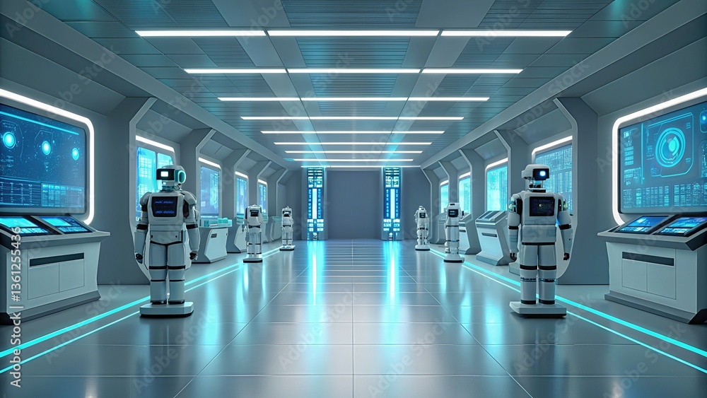 Poster futuristic corridor with robots and high-tech displays.