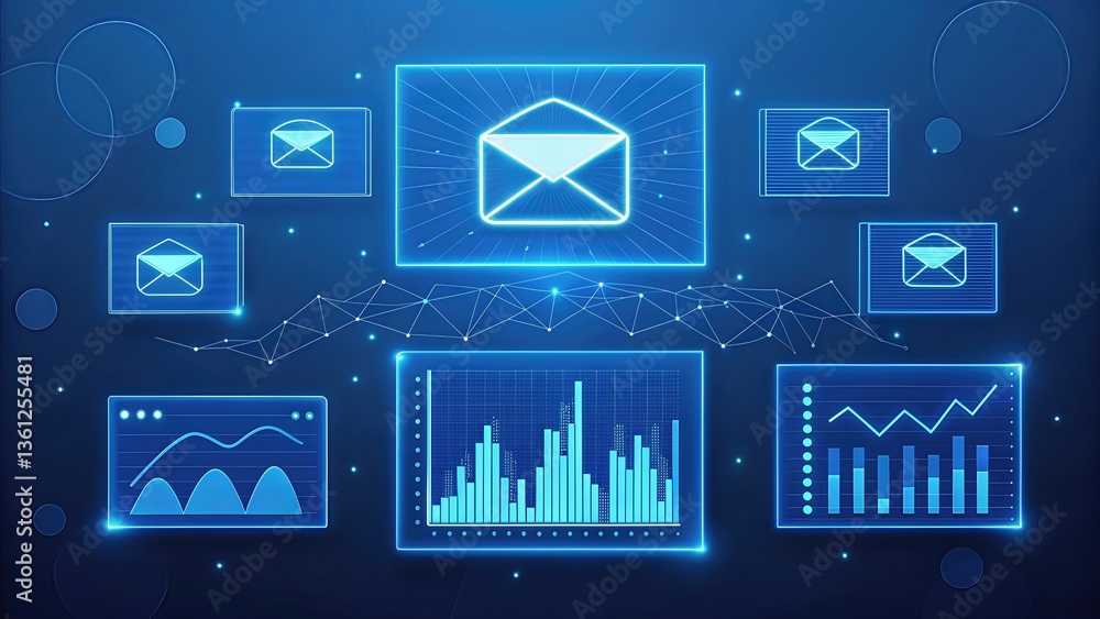 Poster digital communication concepts in blue tones with data visuals.