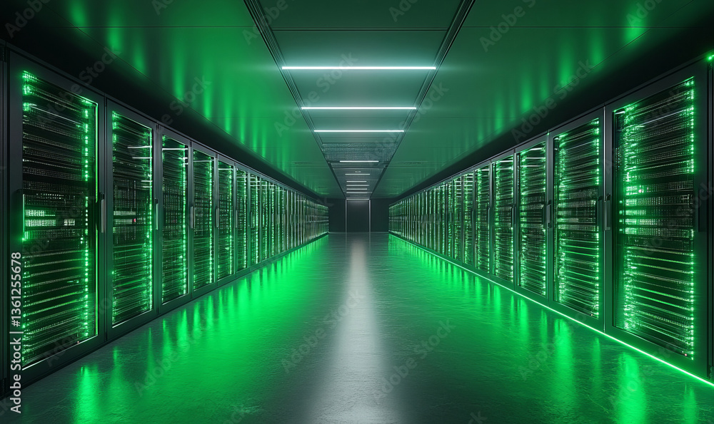 Poster the green server room is illuminated with bright lights, creating an impressive technological enviro
