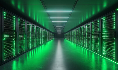 Fototapeta premium the green server room is illuminated with bright lights, creating an impressive technological environment