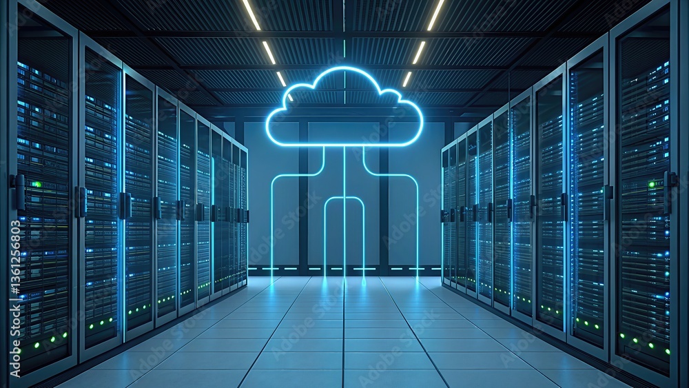 Aufkleber futuristic data center with cloud symbol and server racks.