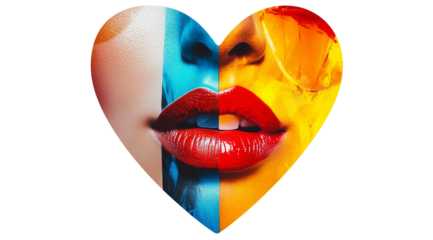 This artwork showcases two lips painted in vivid hues, representing love, creativity, and passionate expression, isolated on white, PNG