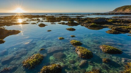 Obraz premium Tranquil Coastal Scene with Rock Formations and Sunlight Reflection Over Water