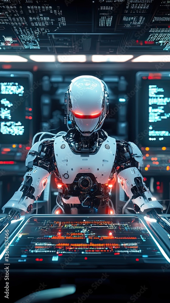 Poster a futuristic robot is operating sophisticated digital interfaces intently