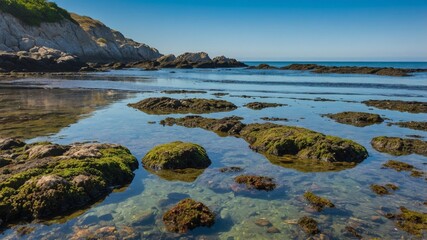 A Serene Coastal Landscape with Rocky Shore and Tranquil Waters