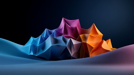 Obraz premium Abstract 3D Render: Colorful Geometric Forms on a Moody Landscape AI Generated