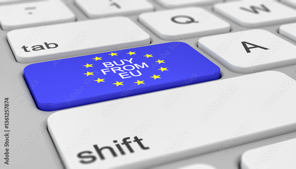 Poster 3d rendering of a white keyboard with a blue key and the message buy from eu in blue, with european 