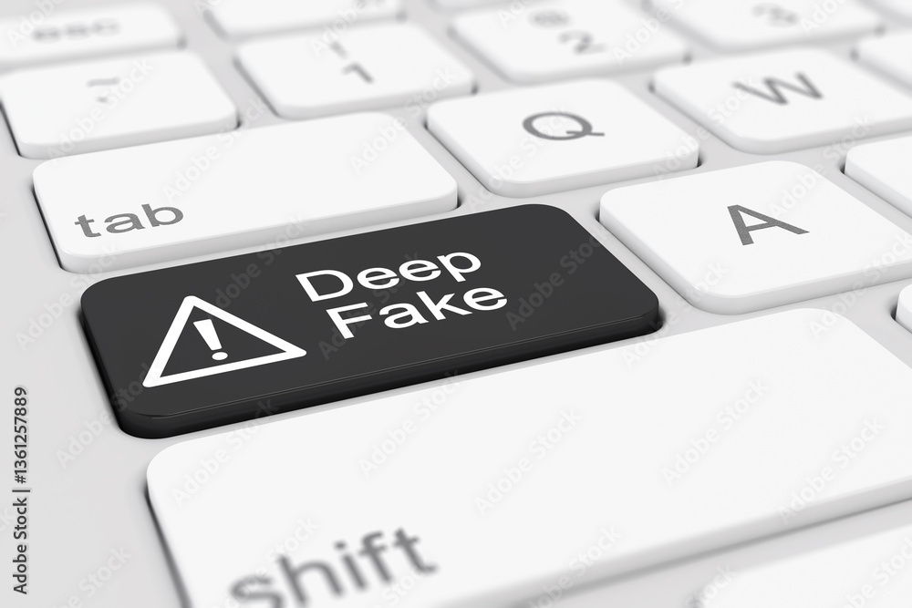 Poster 3d rendering of a white keyboard and a black key with the message deep fake and a caution symbol.