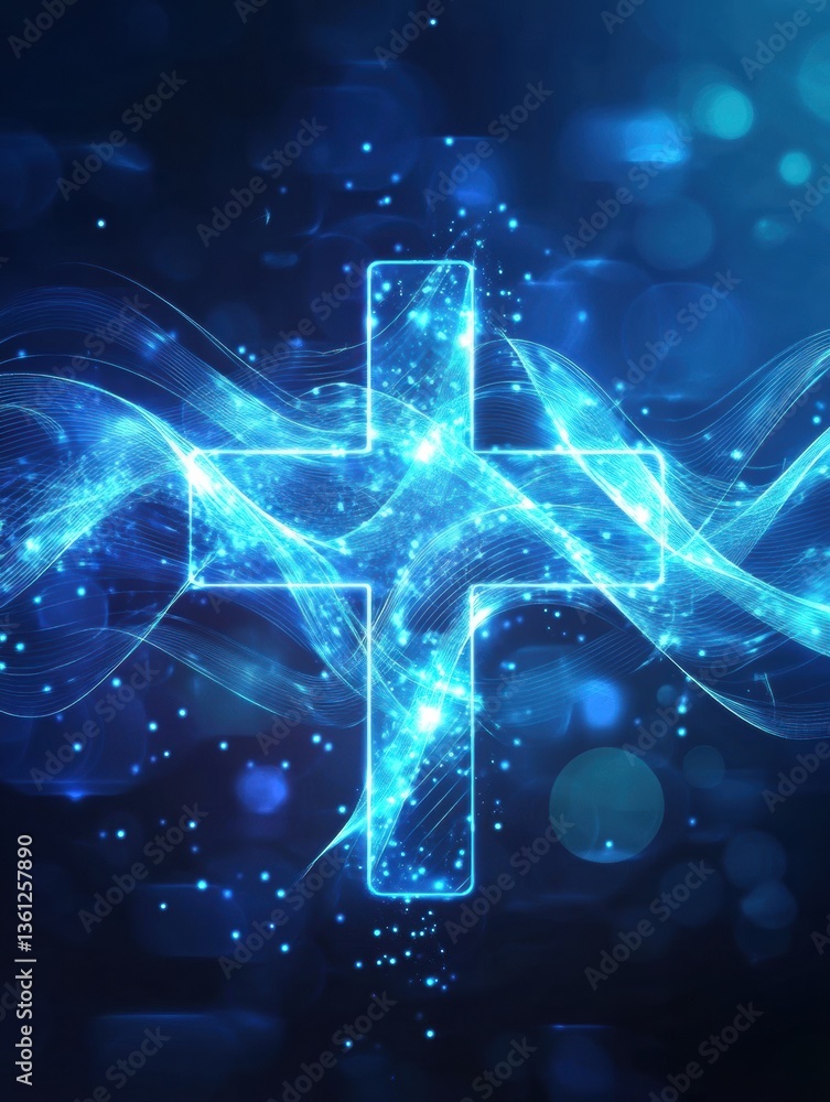 Poster Glowing waveforms merge into a cross-shaped medical symbol in a futuristic blue and white gradient design Generative AI