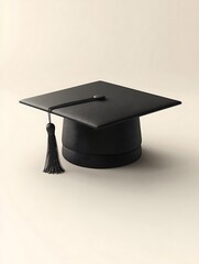 A solitary black graduation cap and tassel on neutral background