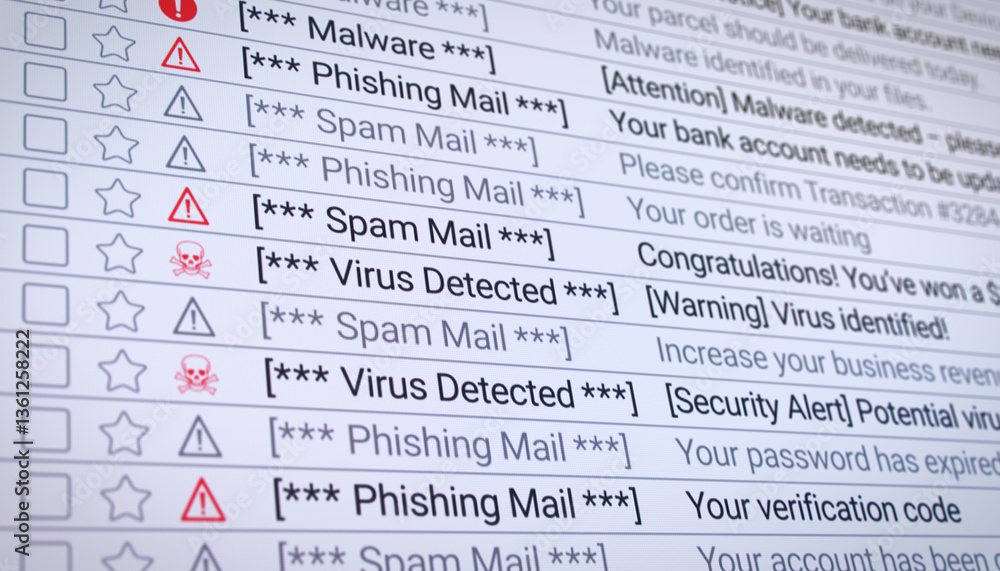 Poster illustration of a list in the internet browser with detected virus, spam, phishing and malware email