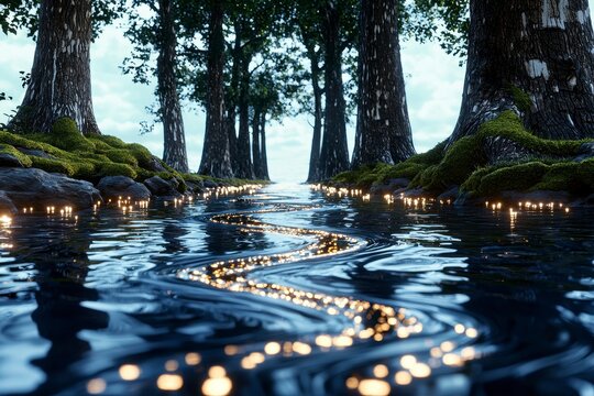 Pixelated Forest Stream Glowing Water Path Through Lush Greenery