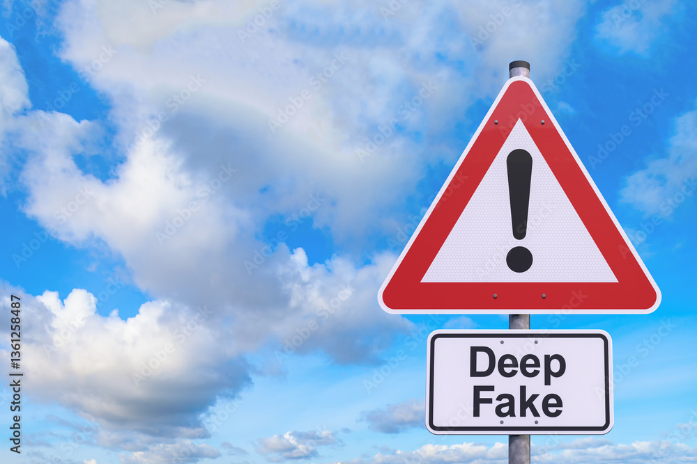 Poster 3d rendering of a caution traffic sign with the message deep fake - warning symbol - in the backgrou