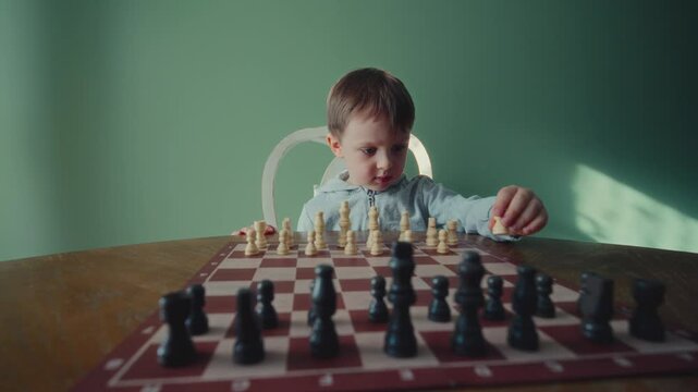 A young boy, around 3-4 years old, playing chess at home. He is focused, carefully studying the board, and making first strategic move. The scene captures concentration, childhood learning