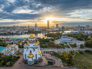 Autumn Yekaterinburg and Temple on Blood in beautiful clear sunset. Aerial view of Yekaterinburg,...