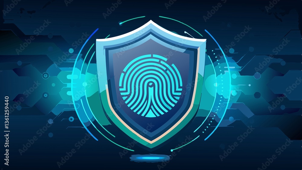 Poster digital fortress: a striking emblem of cybersecurity, featuring a fingerprint at its core, protected