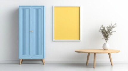 Modern interior displaying blue cabinet frame yellow artwork and table