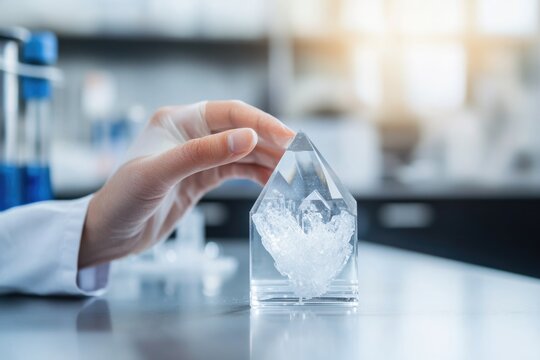 close-up photo of scientist hand gently handling lab-grown crystal under soft focused lighting in modern laboratory