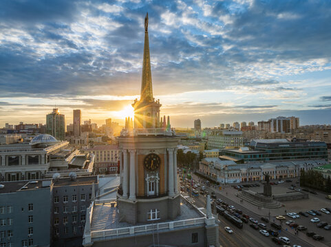 Yekaterinburg City Administration or City Hall and Central square at summer evening. Evening city in the summer sunset, Aerial View.