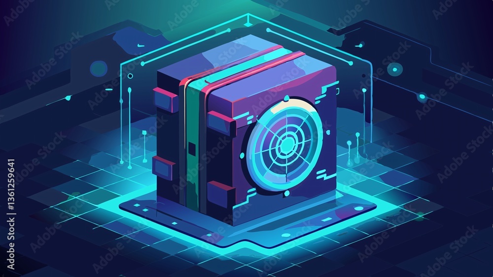 Poster cyber secure cube: high-tech graphic showcasing a secured data cube, radiating digital energy and re