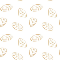 Hand drawn sea shells scallops blue seamless pattern in doodle sketchy style on white background. Line art sea shell vector background