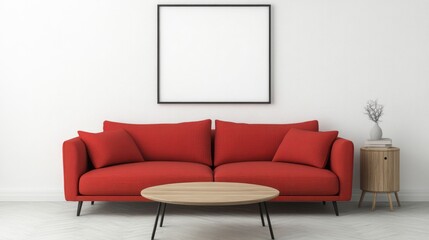 Modern living room features a red sofa and picture frame