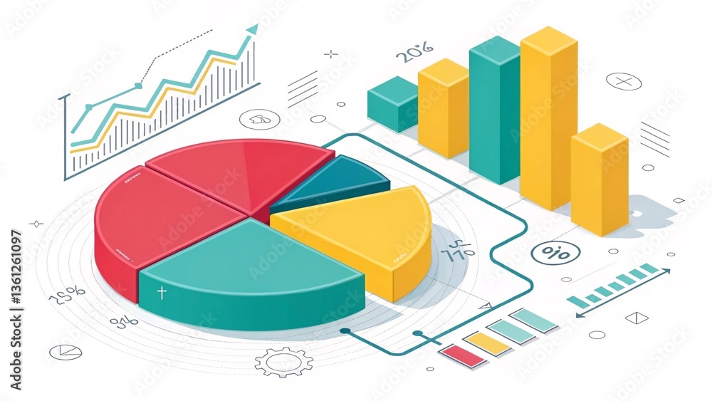 Poster data visualization: an isometric view showcasing dynamic charts, graphs, and a pie chart, illustrati