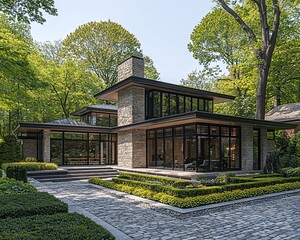 Obraz premium Modern stone house in lush garden