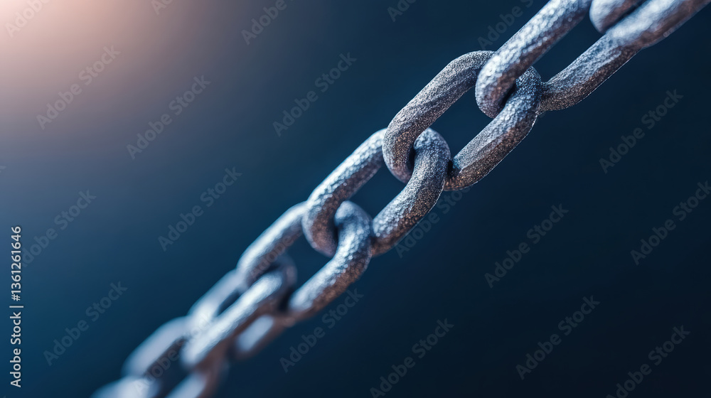 Poster close up of metallic chain link showcasing texture and strength, symbolizing connection and