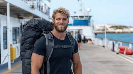 Fototapeta premium young man with backpack smiles confidently at ferry terminal, ready for adventure