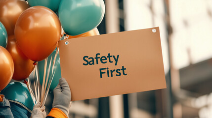 Worker holding safety first sign with colorful balloons
