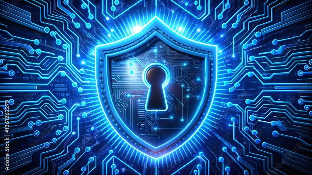 Poster cyber shield of security: a radiant, glowing shield superimposed upon a network of intricate circuit