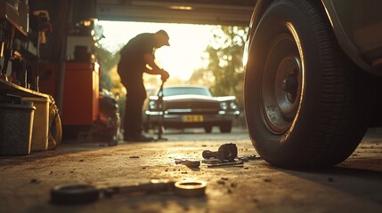 A mechanic working on a vintage automobile in a garage setting
