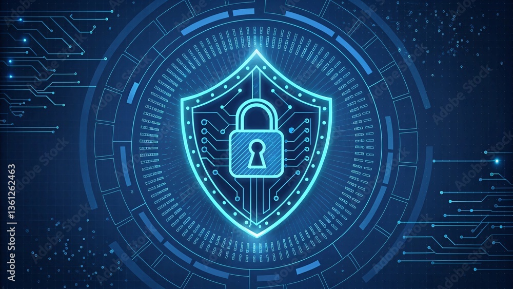 Poster digital fortress: a luminous shield and lock symbol embody data security on a cutting-edge circuit b
