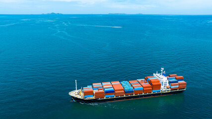 Fototapeta premium Aerial view of the freight shipping transport system cargo ship container. international transportation Export-import business, logistics, transportation industry concepts 