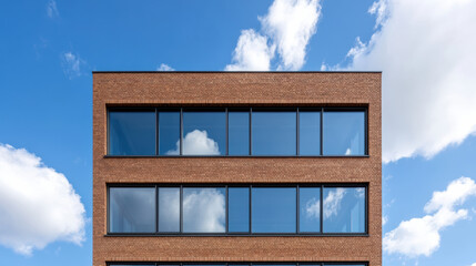 Modern architectural landmark featuring brick facade and large windows under blue sky