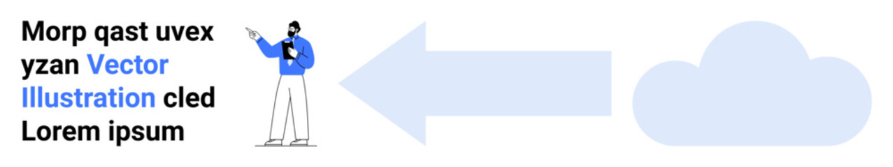 Man gesturing towards a large directional arrow pointing to a cloud. Ideal for teamwork, navigation, communication, data transfer, cloud storage, progress, and a simple landing page