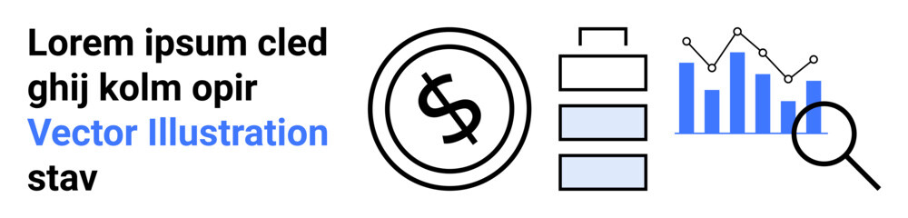 Dollar coin, charging battery levels, data analytics chart with magnifying glass. Ideal for business strategy, progress tracking, financial planning, energy efficiency, data insights, growth