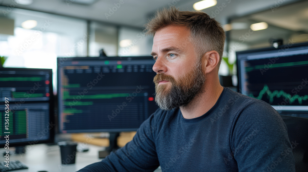 Aufkleber focused trader analyzing market data in modern office environment