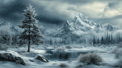 Winter Snow Covered Mountains with Frosty Trees and a Frozen Landscape