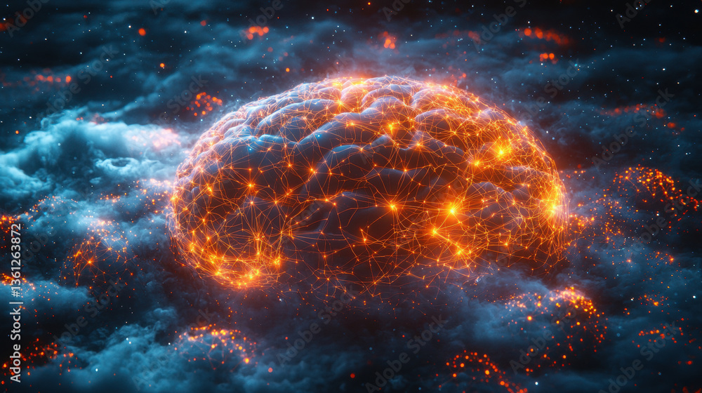 Poster vibrant, glowing brain composed of interconnected neural networks emerges from cloud like background