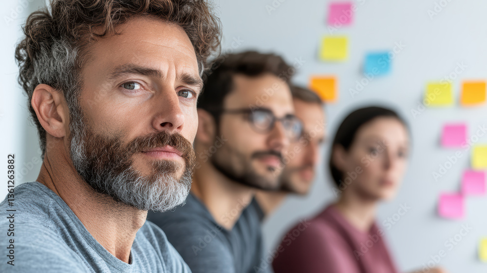 Poster focused team members engaged in brainstorming session with colorful notes in background