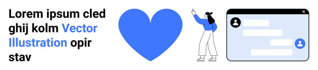 Large blue heart with person pointing at messaging chat interface, signifying interaction, conversation, connection, support, relationships, digital communication, and team building. Ideal for social