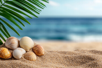 Obraz premium Seashells on Sandy Beach with Tropical Palm Leaf and Ocean Background in Sunny Weather