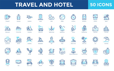 Travel and Hotel icon set with passport, suitcase, airplane, hotel, map, globe, compass, backpack, camera, beach icon. Simple outline color vector 
