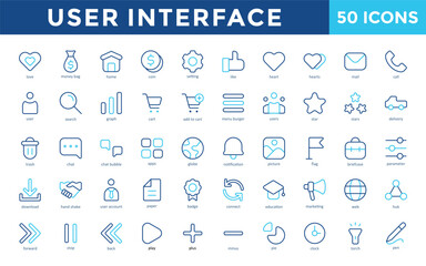 User Interface icons set with love, money bag, home, coin, setting, like, heart, hearts, mail, call icon. Simple outline color vector 
